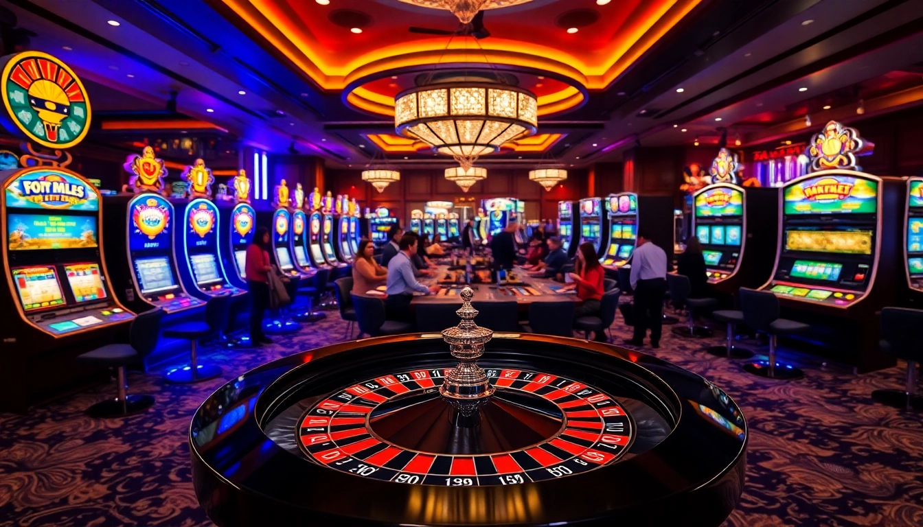 Engaging casino scene showcasing f168 slot machines, poker chips, and roulette table excitement.
