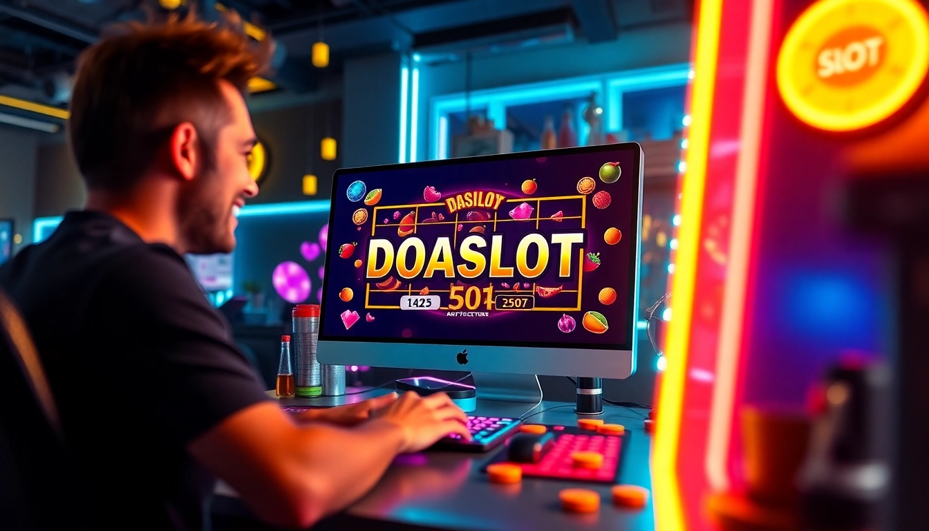 Exciting DOASLOT online gaming setup with vibrant graphics and a cheerful player.