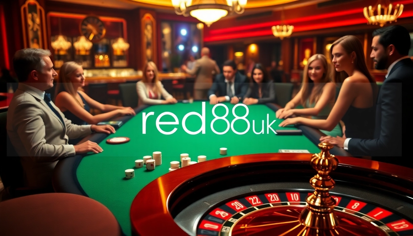 Experience the thrill of red88 uk with vibrant casino gaming, featuring players at a stylish table.