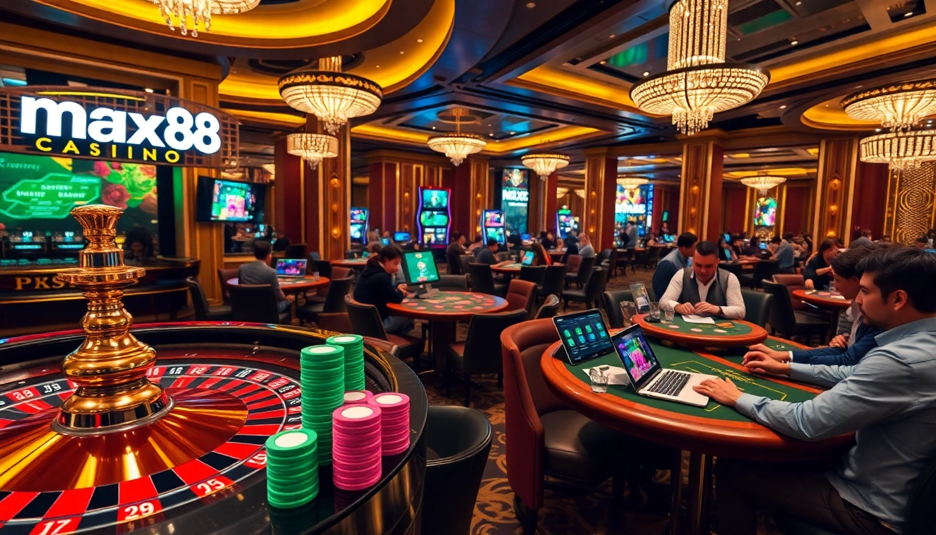 Players enjoying thrilling games at max88 casino with vibrant poker chips and roulette wheel.