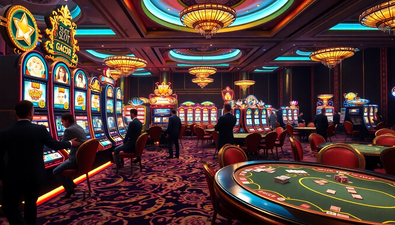 Excited players winning at Slot Gacor machines in a luxury casino setting.