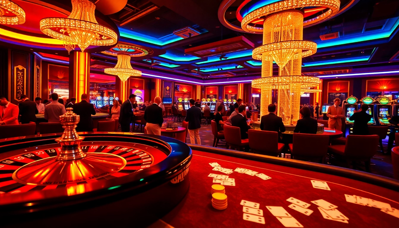 Experience thrilling gameplay at King Arthur Cafe menu, showcasing a vibrant casino scene with poker and roulette.