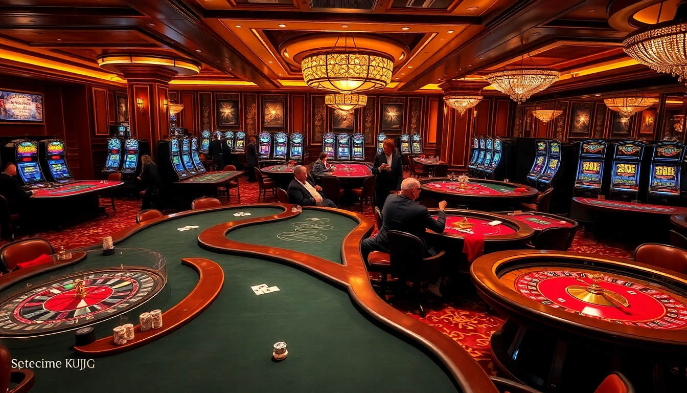 KJC gaming scene showcasing poker and roulette tables with vibrant players and luxury casino decor.
