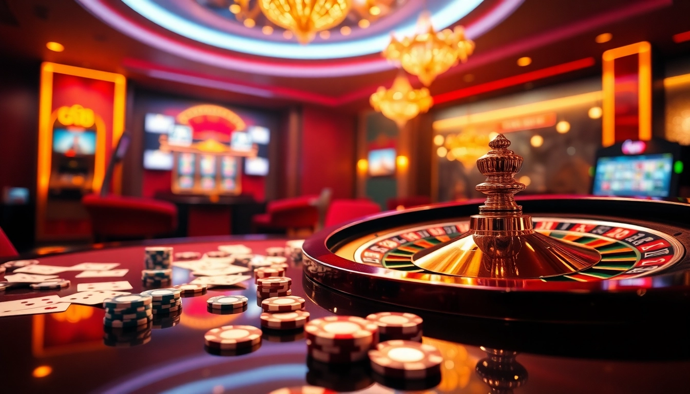 Experience the excitement of nhà cái go8 with vibrant casino visuals featuring poker chips and a spinning roulette wheel.