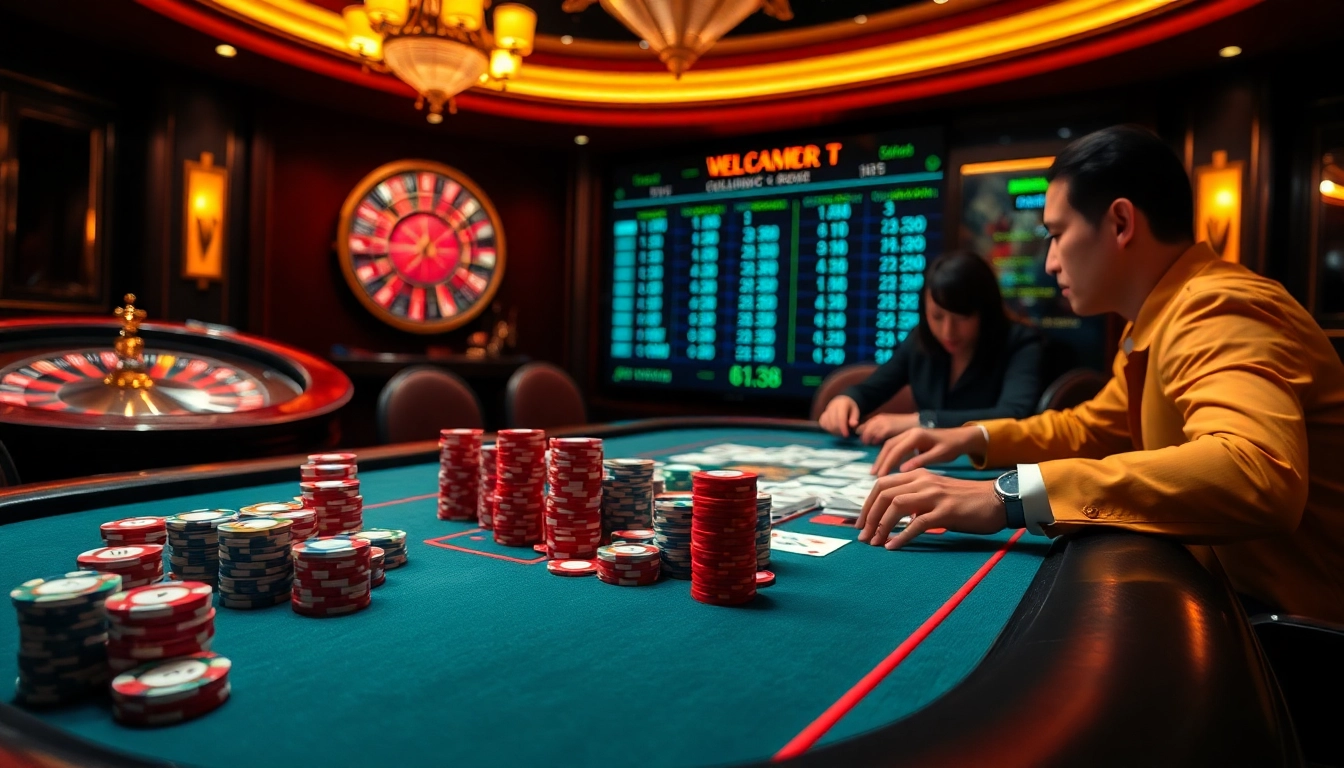 Engaging in nhận định kèo nhà cái at a high-stakes poker table with vibrant chips and cards.