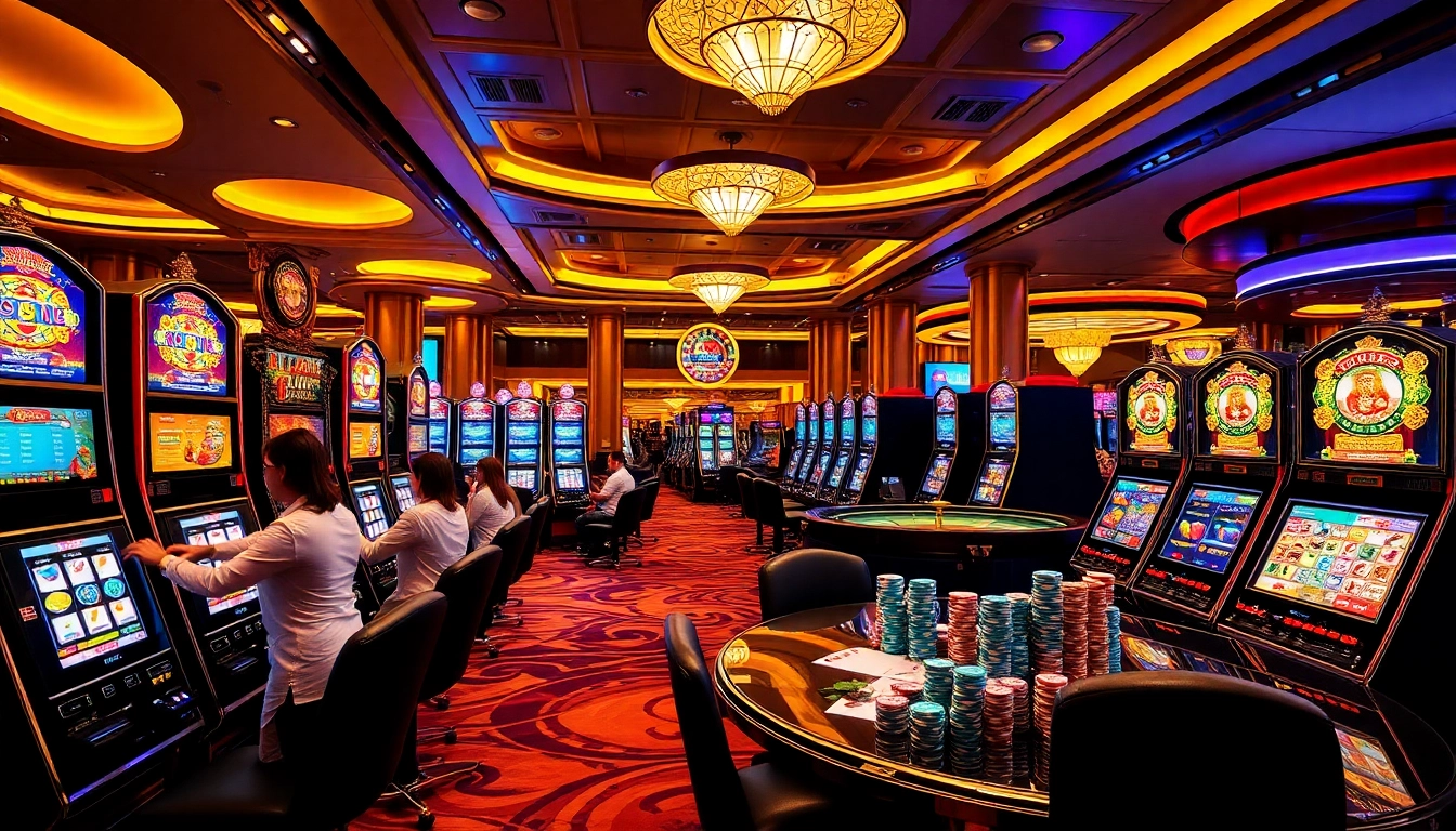 Engaging players enjoy vibrant slot machines showcasing Situs Slot Terpercaya in a luxurious casino setting.