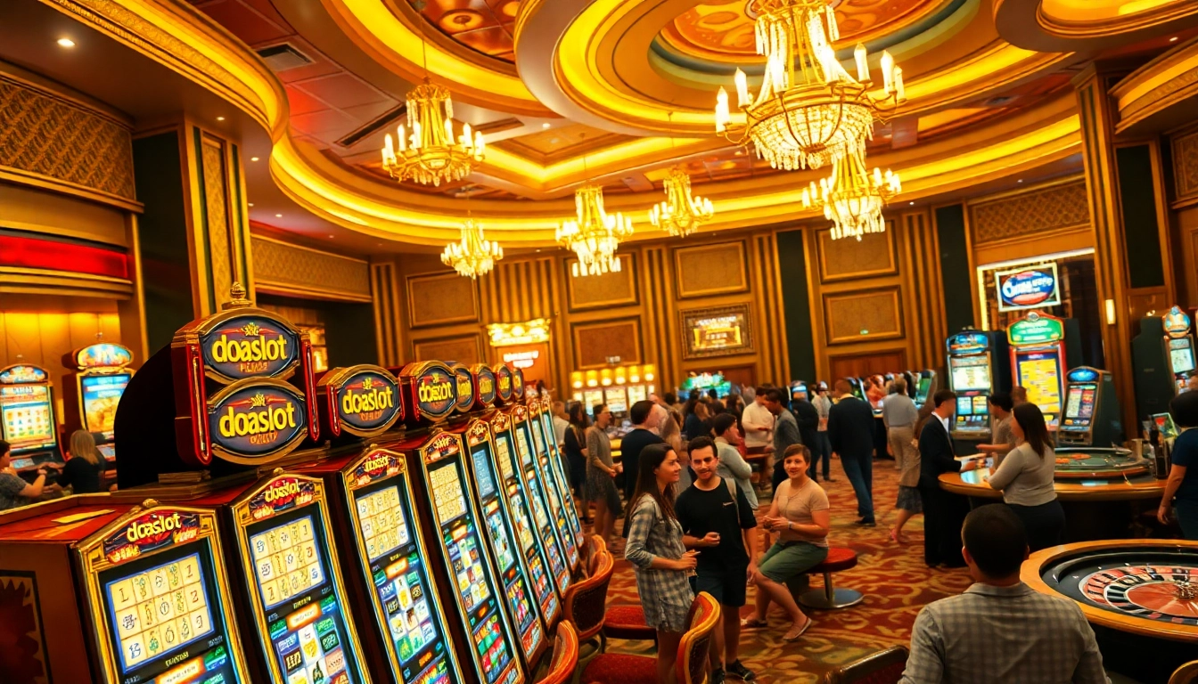 Players engaging with the doaslot slot machine in a lively casino atmosphere, vibrant lights, and excitement.