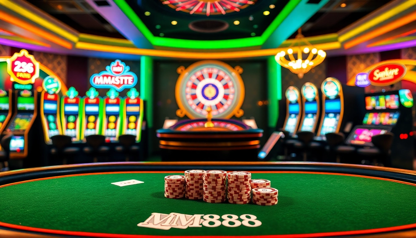 Exciting MM88 poker table surrounded by chips and cards in a luxurious casino setting.