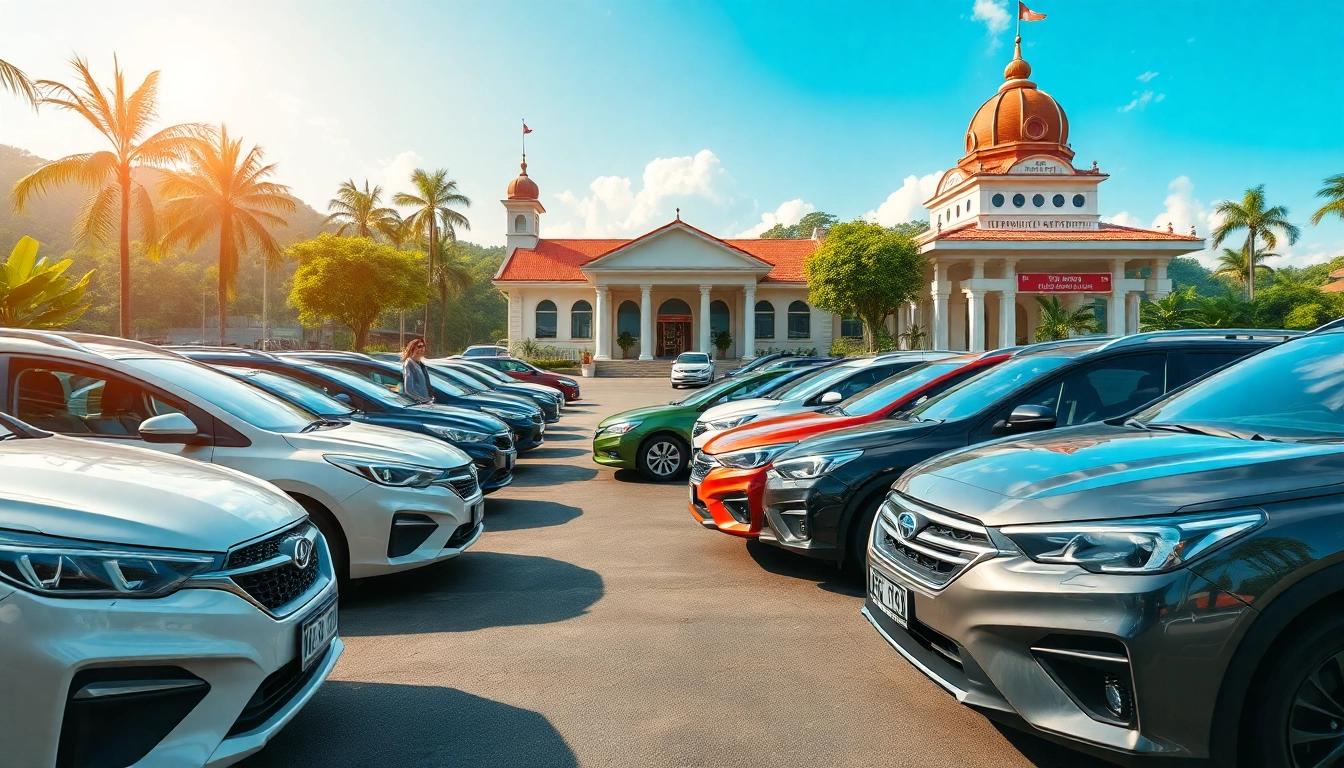 Car hire in Kuching scene with diverse rental cars and travelers near iconic landmarks