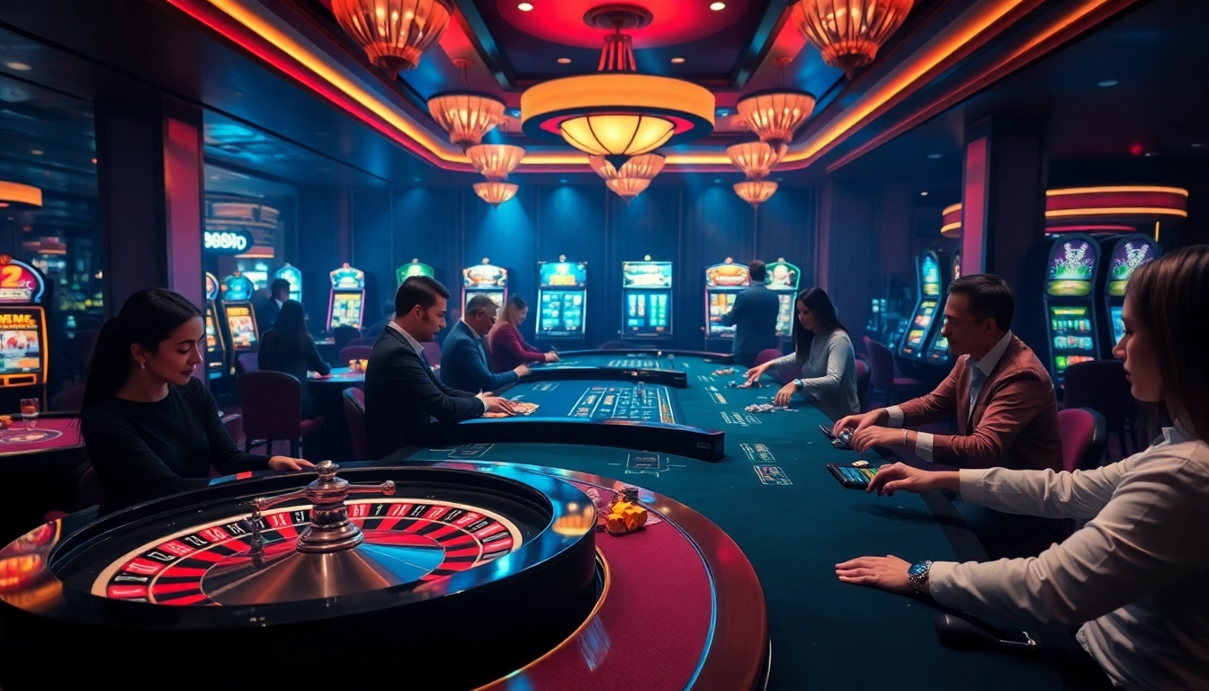 Experience excitement at nhà cái 888b with gamblers enjoying casino games and vibrant slot machines.