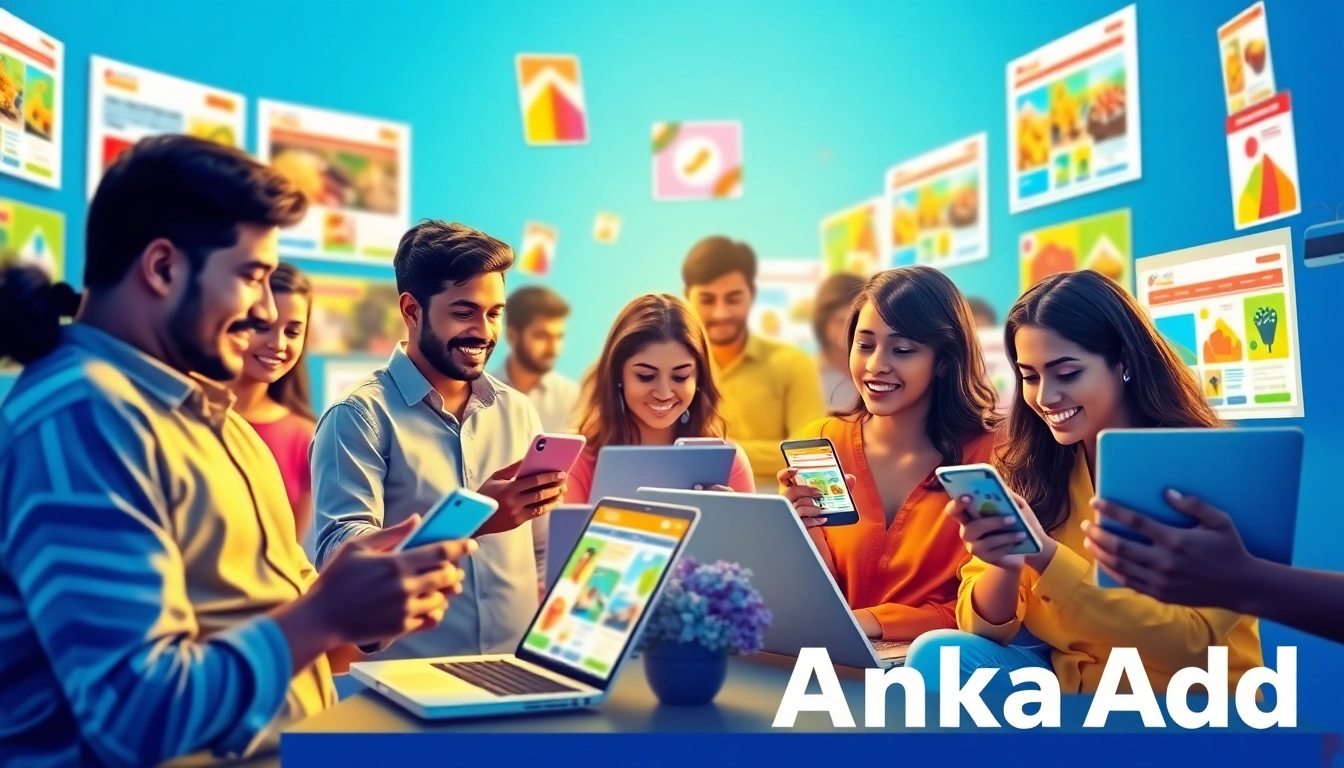 A lively digital marketplace for Lanka Add featuring diverse users engaging with classified ads on devices.