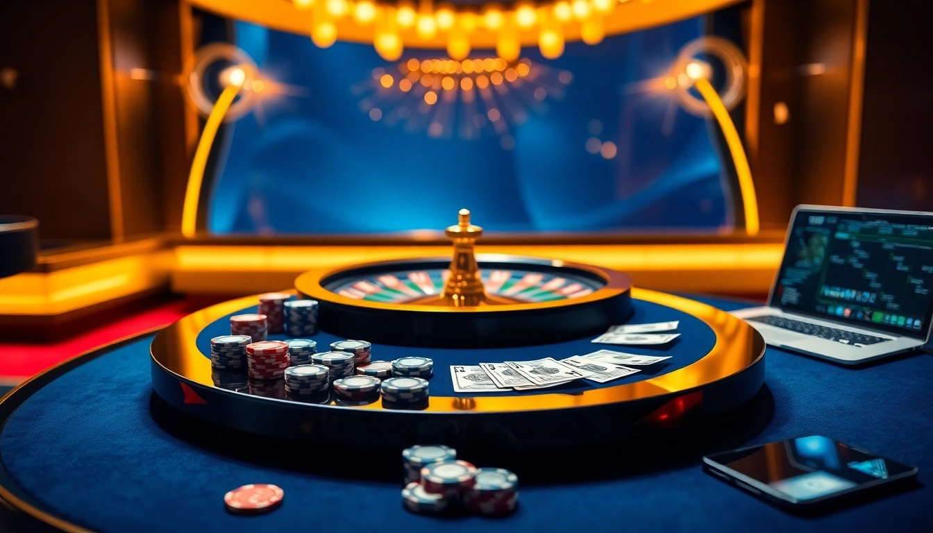 GG88 casino scene showcasing a luxurious poker table with vibrant chips and a spinning roulette wheel.