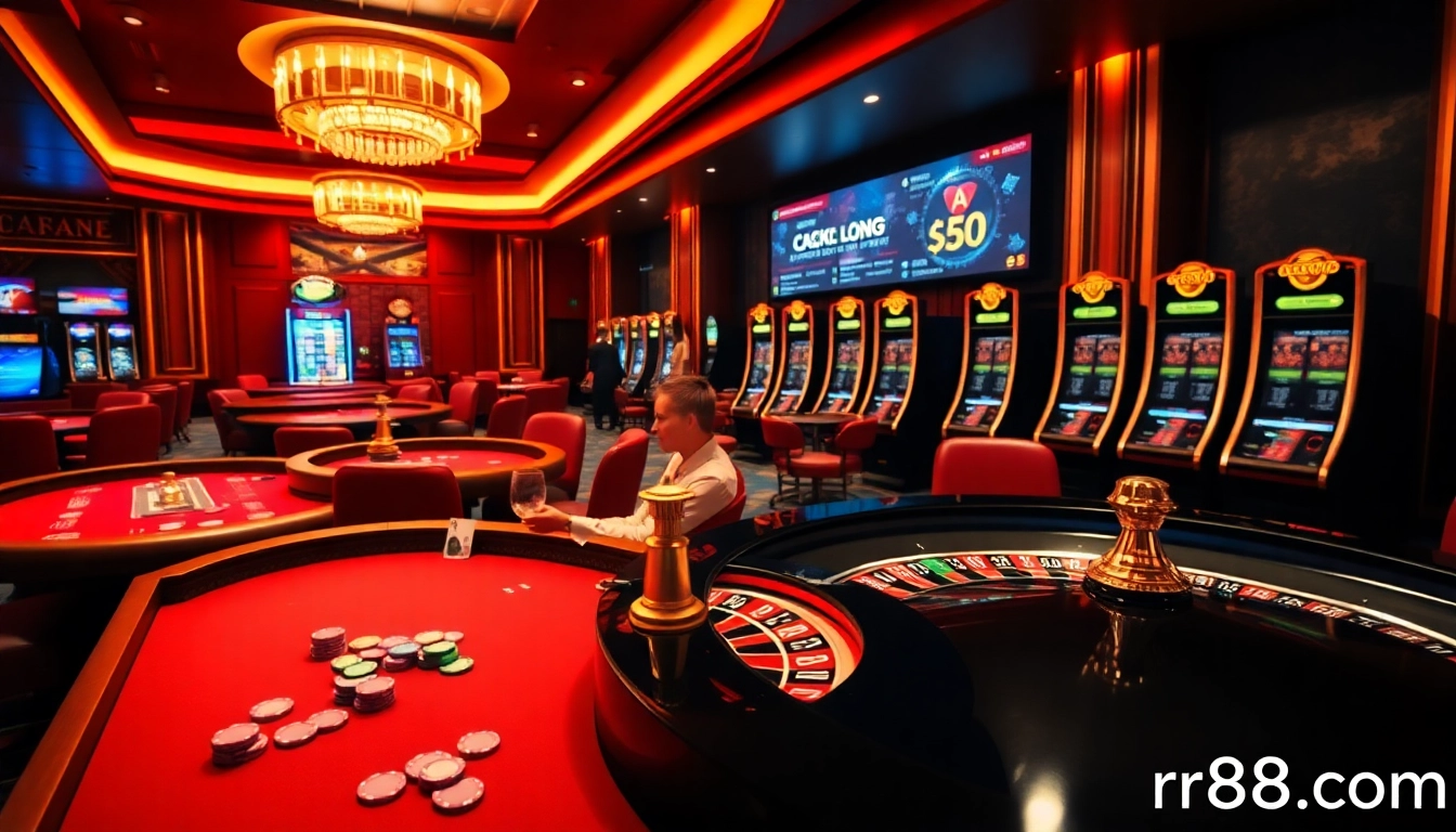 Experience thrilling casino action with rr88.com at a vibrant roulette table surrounded by poker chips.