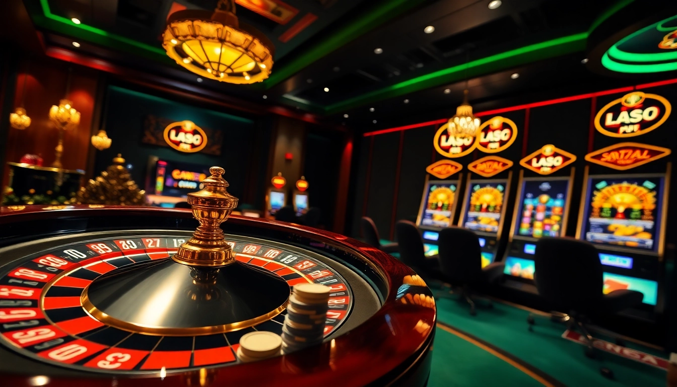 Experience the thrill of game f168 at a luxury casino with roulette and vibrant slot machines.