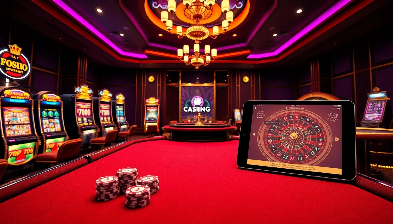 Experience thrilling bets at https://f168info.com/ with a luxurious casino setting featuring poker tables and slot machines.