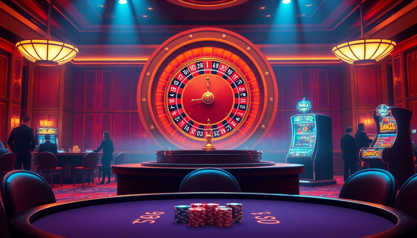 Hello88 casino scene showcasing a roulette wheel, poker table, and vibrant slot machines for an engaging gambling experience.