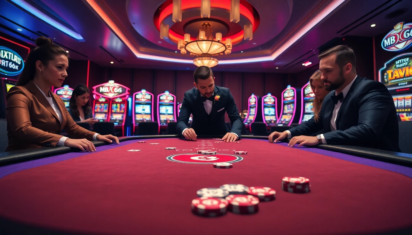 Players engaging excitedly at the MB 66 poker table with vibrant casino atmosphere.