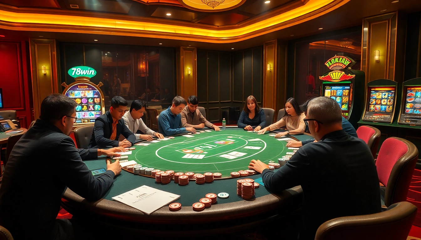 Experience high-stakes poker at 78win ink's vibrant casino environment with players and betting slips.
