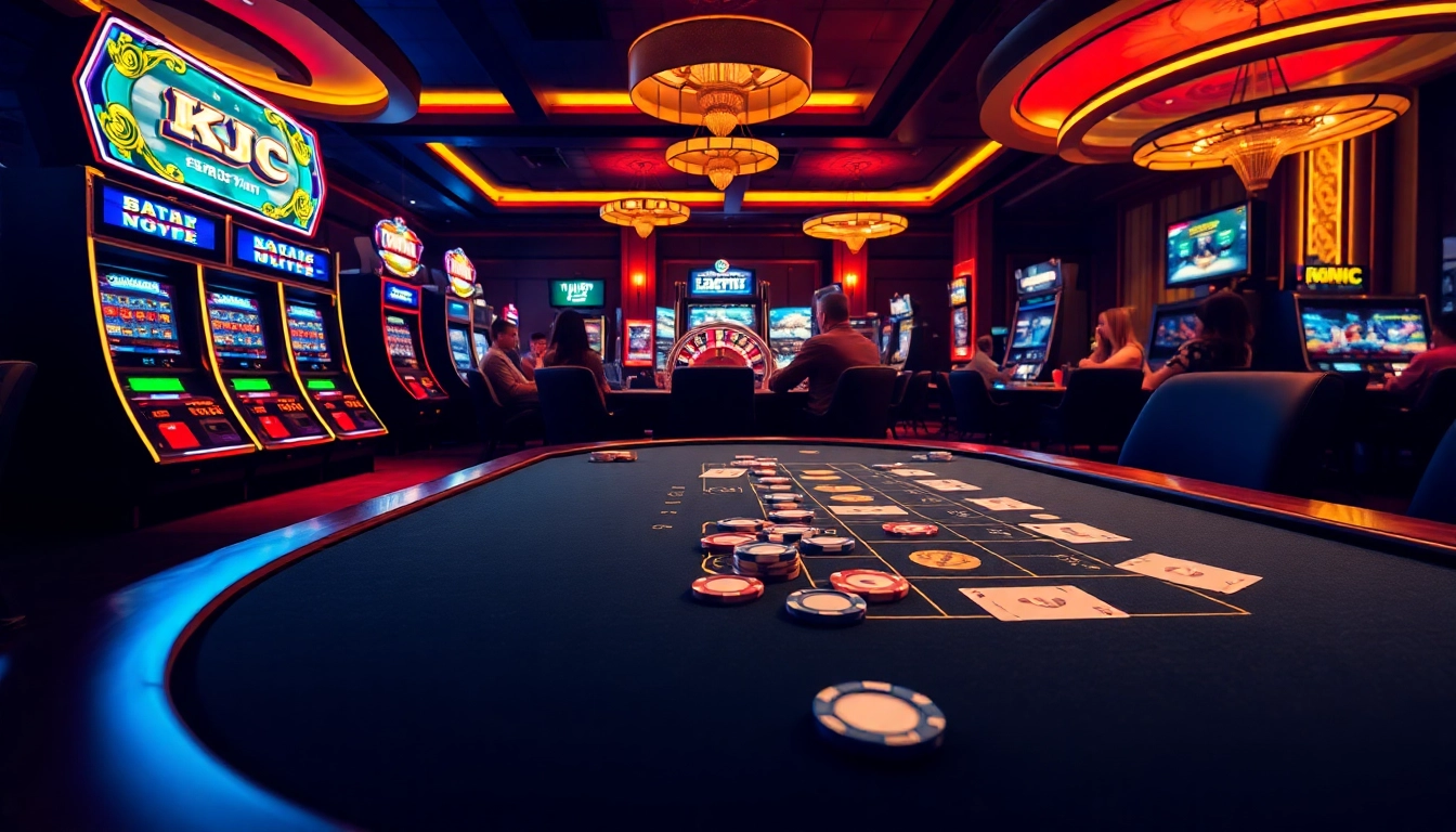 KJC gaming experience features vibrant casino tables, exciting slot machines, and engaged players.