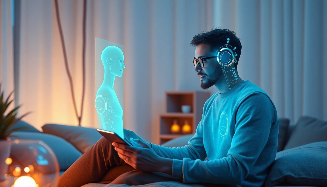 Engaging scene of ai sex chat with a holographic AI figure and a user in a cozy setting.