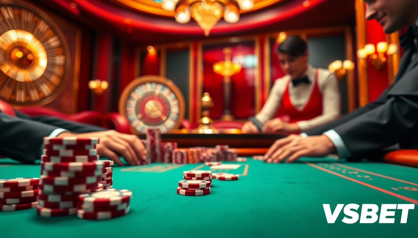 Players enjoying a thrilling poker game at VSBET's luxurious casino table.