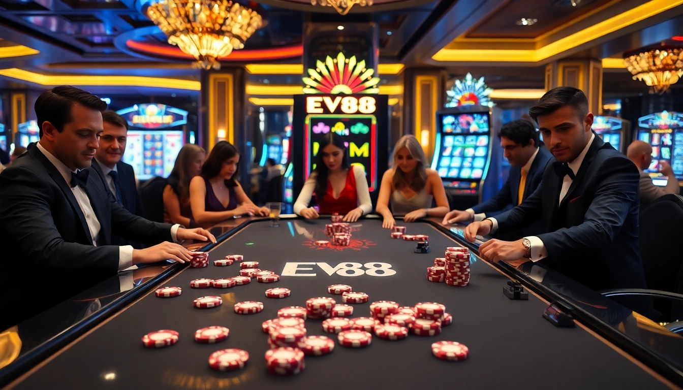 Players enjoying an exciting game at the EV88 casino table amidst a vibrant gambling atmosphere.