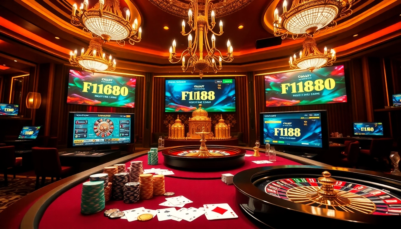 F168 casino scene with vibrant poker chips, cards, and roulette wheel in a luxurious setting.