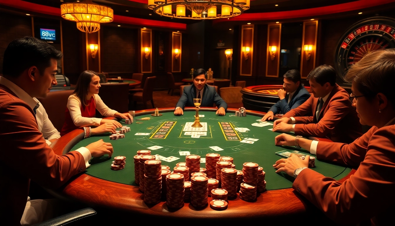 Engage with the thrilling poker tables at 88vv, showcasing chips and cards in action.