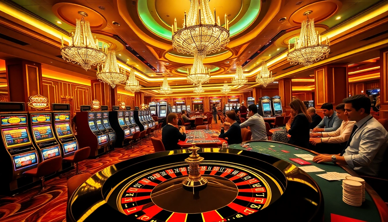 SODO Casino scene with players at poker tables and vibrant slot machines, exuding excitement and luxury.