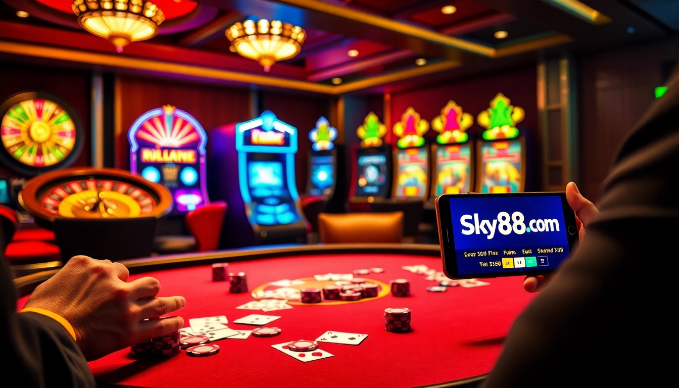 Engage in a thrilling game at sky88.com with vibrant cards and chips on a luxurious poker table.