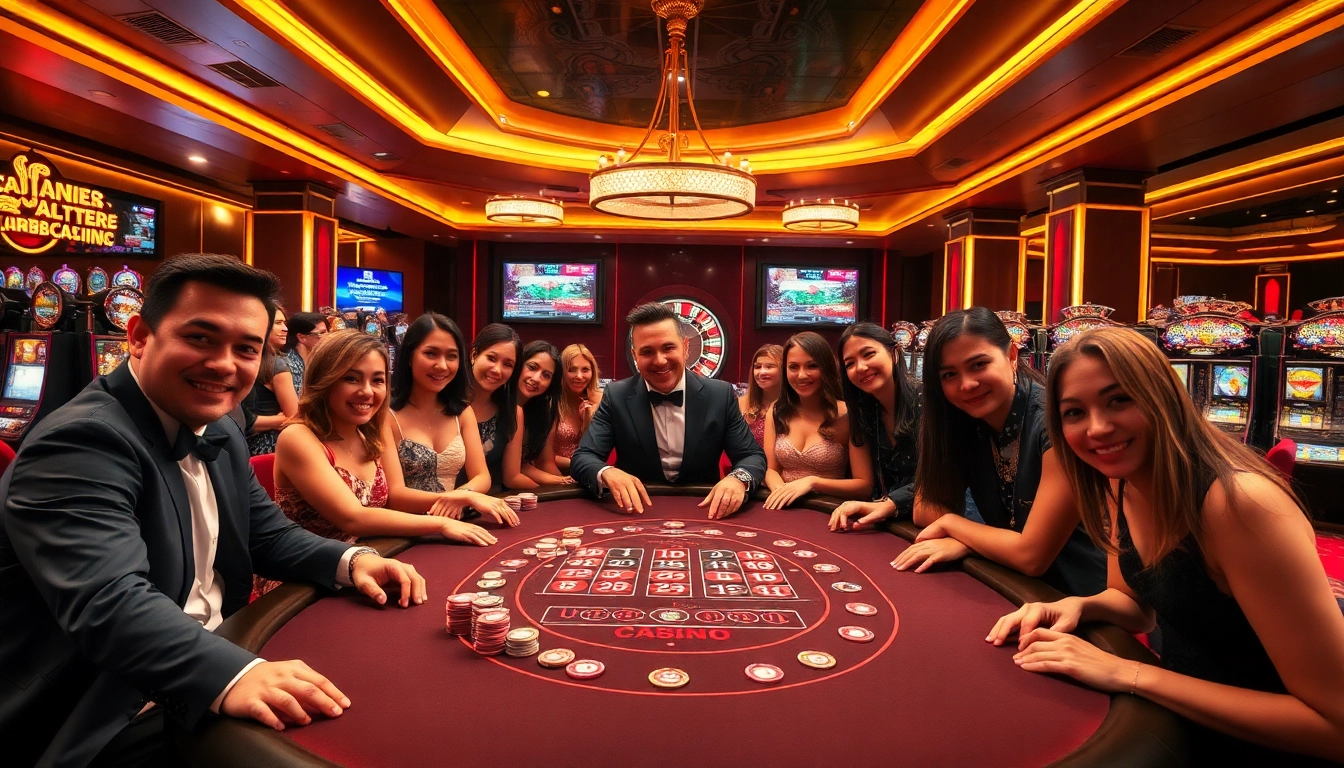 Experience thrilling games at https://big88.sa.com with excited players at a blackjack table in a luxurious casino.