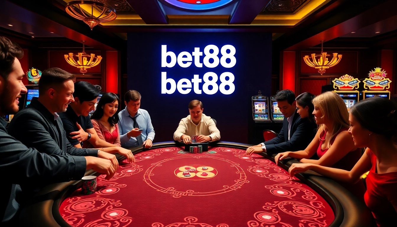 Players enjoying a poker game at Bet88 with vibrant chips, cards, and a lively casino atmosphere.