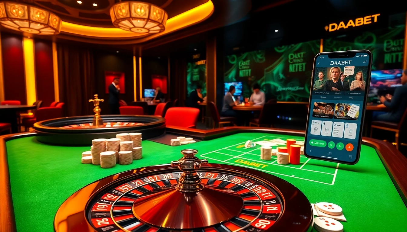 DABET offers an exciting online casino experience with vibrant poker tables and roulette wheels.
