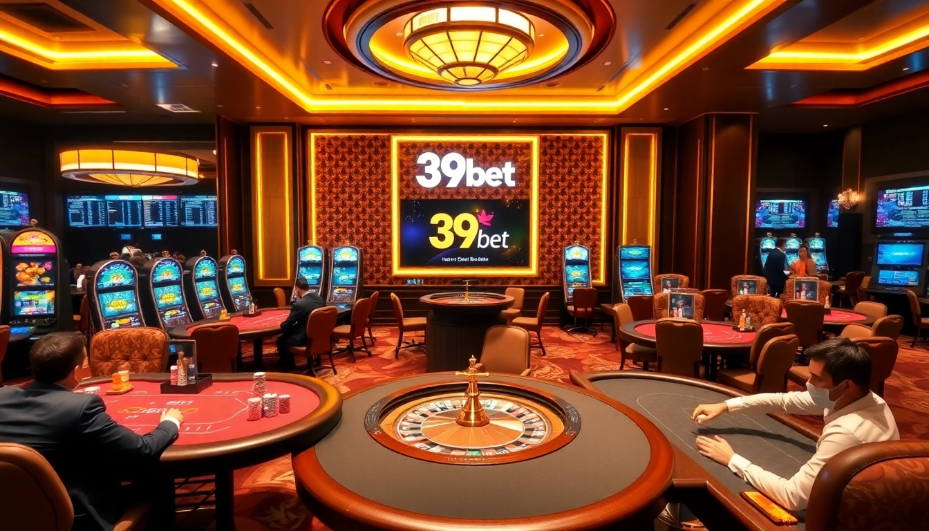 Exciting scene of gamblers at nhà cái 39bet, showcasing poker tables, vibrant slots, and roulette.
