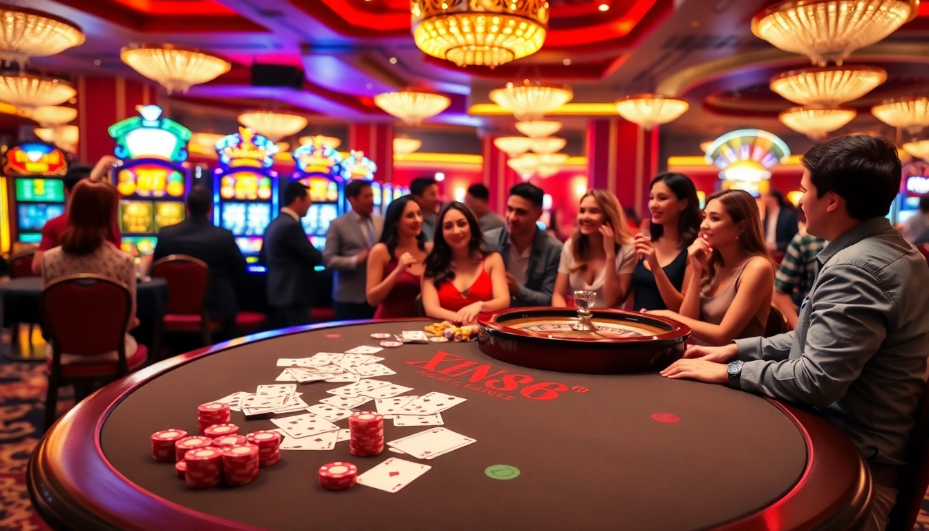 Players enjoying games at xin88 casino with poker chips and vibrant slot machines.