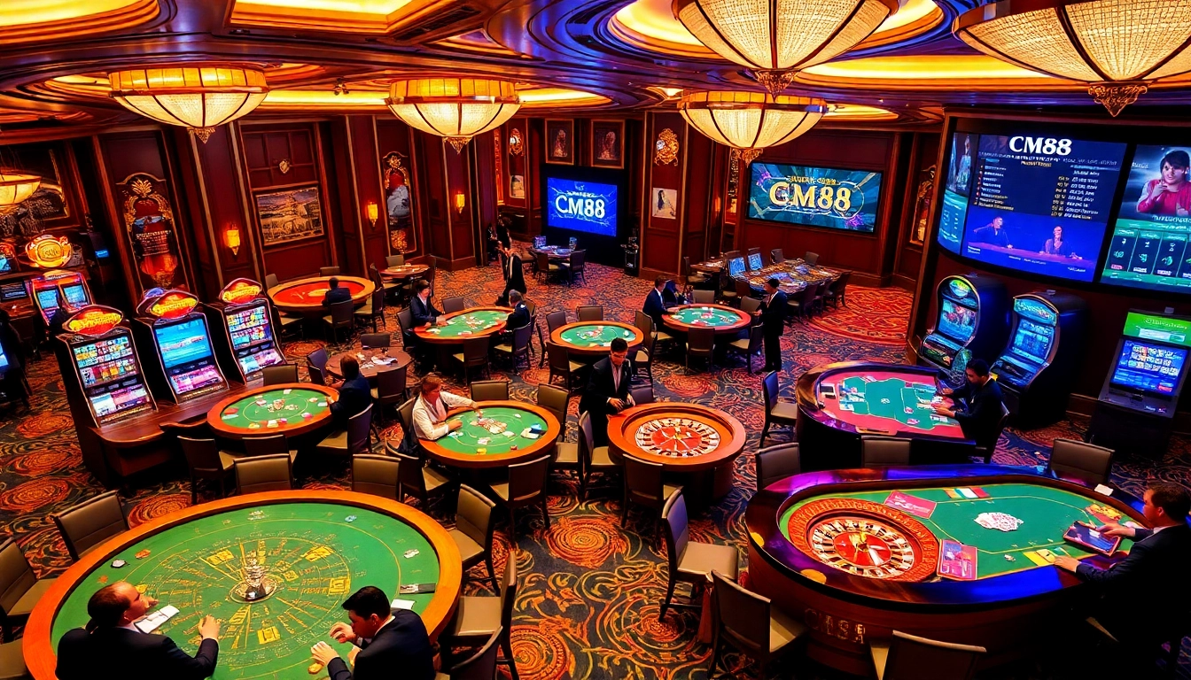 Engaging CM88 casino scene with players at roulette and poker tables, showcasing excitement.