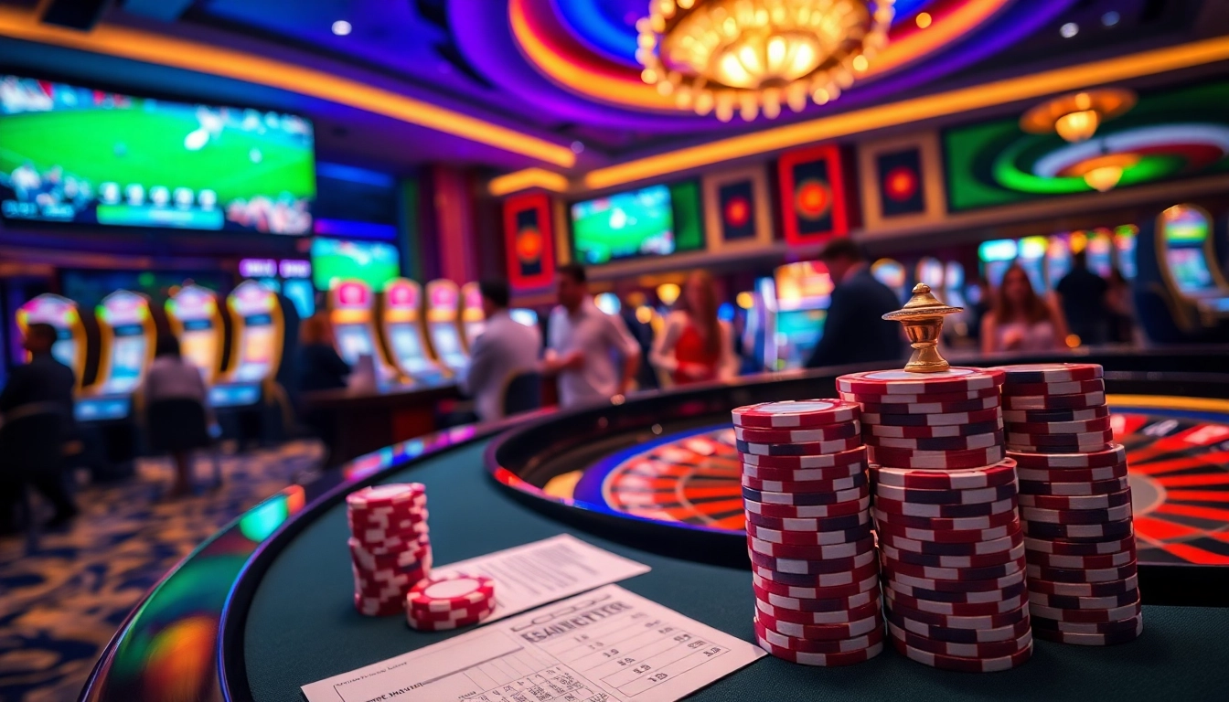Experience the excitement of gambling at https://hm88.blue/ with a luxurious casino scene featuring vibrant roulette and poker tables.