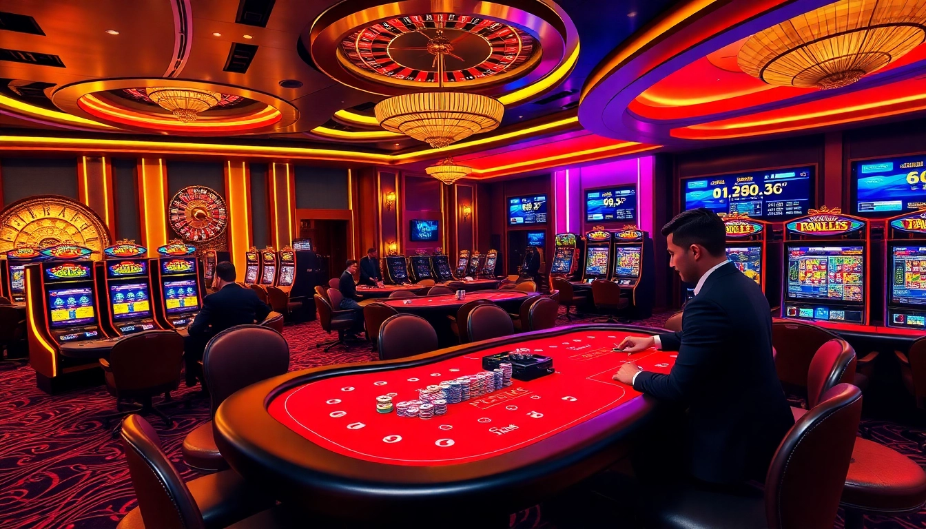 Exciting gameplay at F 168 casino with poker tables and vibrant slot machines.
