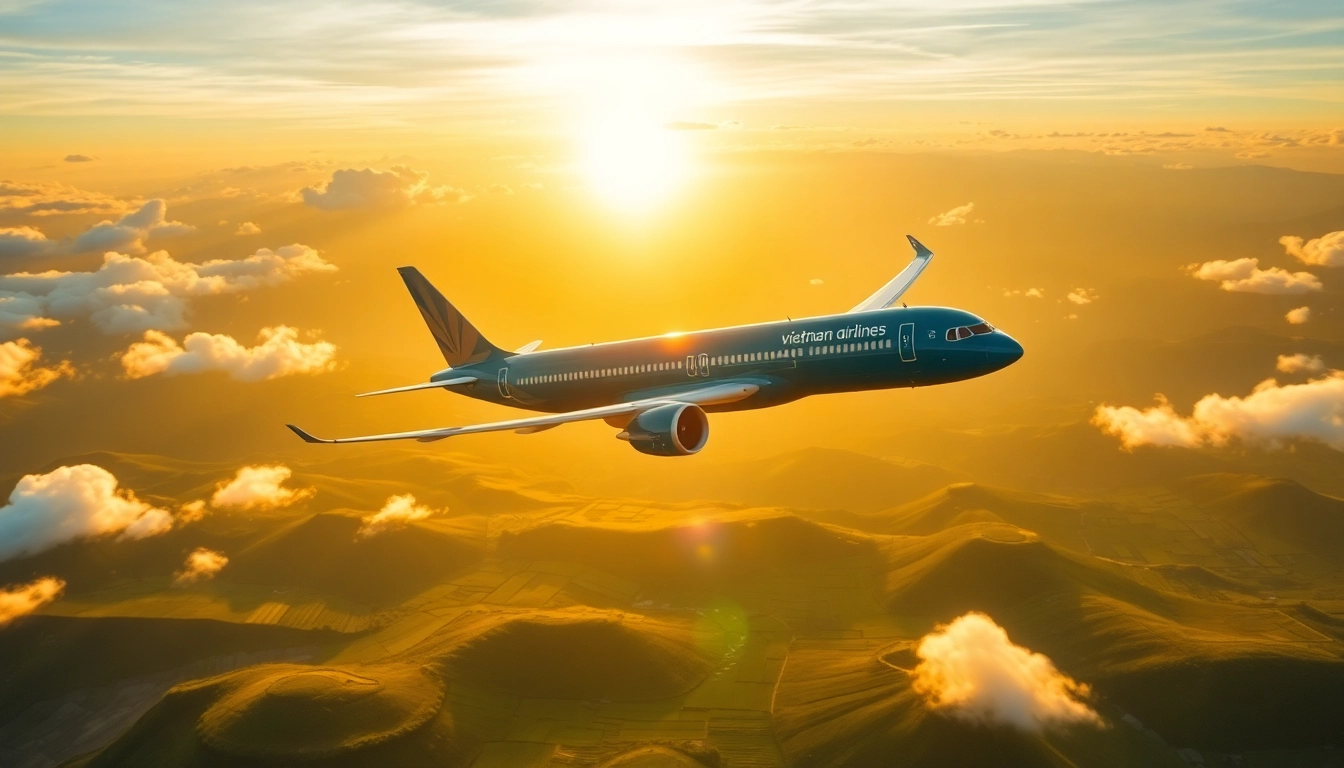 VN168 flight traveling over Vietnam's scenic landscapes at sunset.
