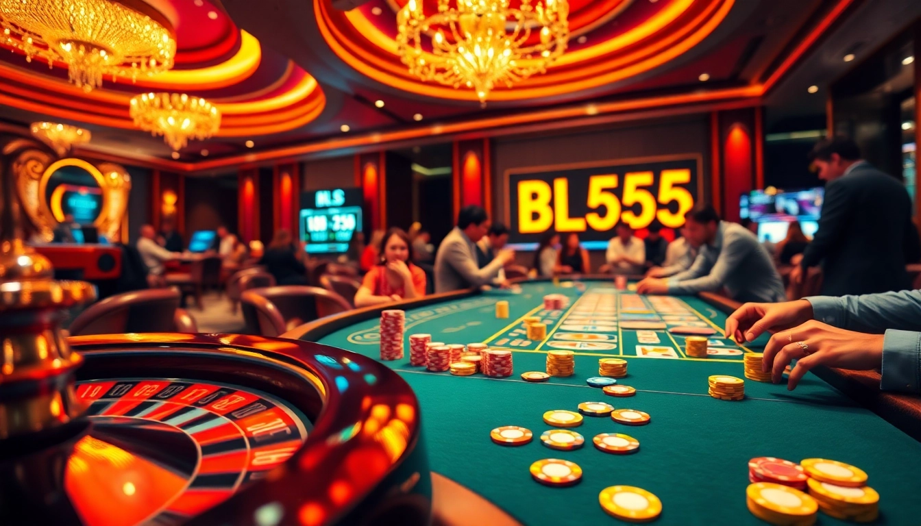 Experience the thrill of casino games at BL555 with lively poker tables and roulette wheels.