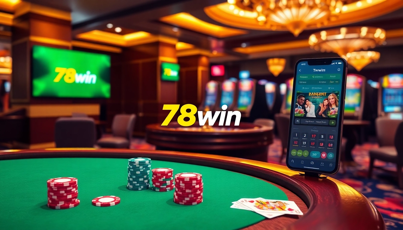 Engaging players at 78win's luxurious casino gaming table with poker chips and cards.