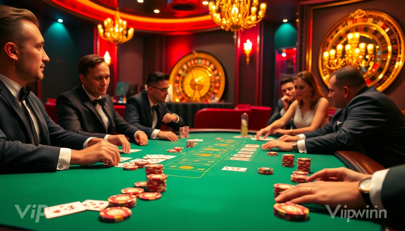 Experience high-stakes excitement at Vipwin's premier poker table surrounded by vibrant casino elements.