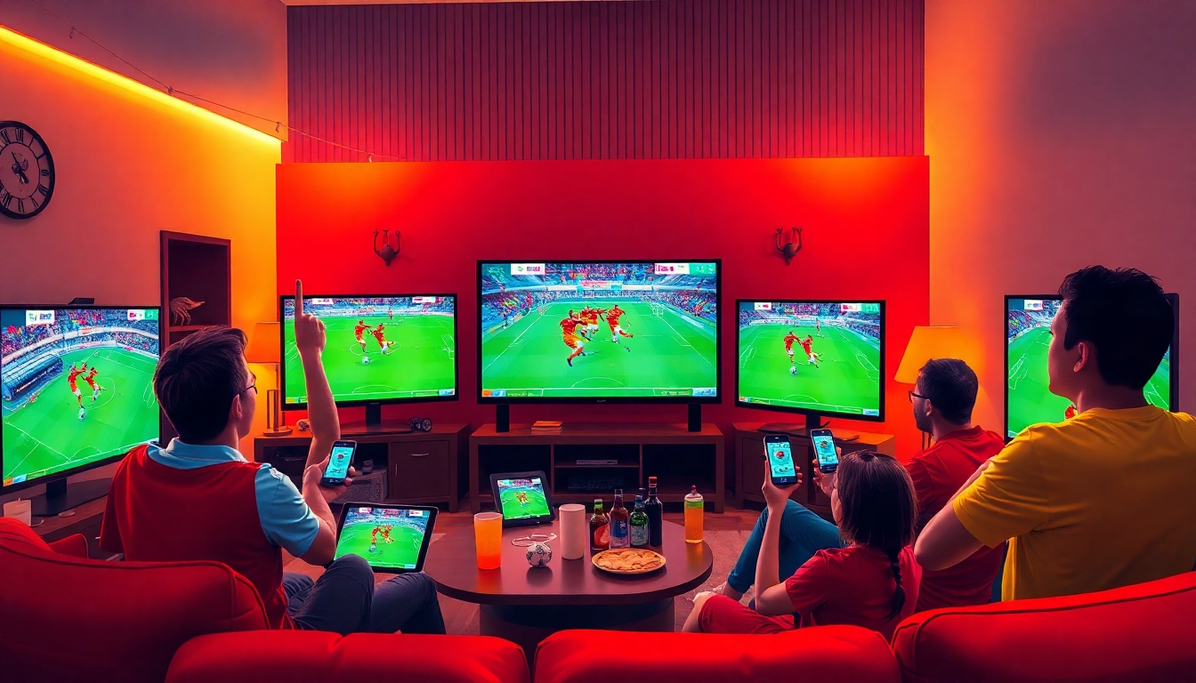 Experience live football streaming on vaoluoitv.it.com with fans celebrating a match in a lively setting.