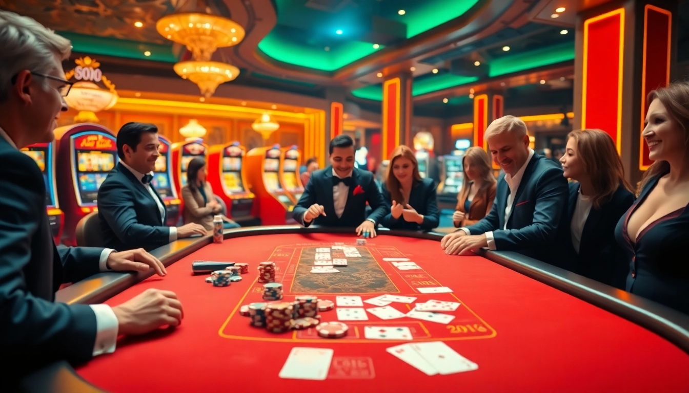 Players engaging at a luxurious blackjack table at sumvip com casino with vibrant decor and atmosphere.