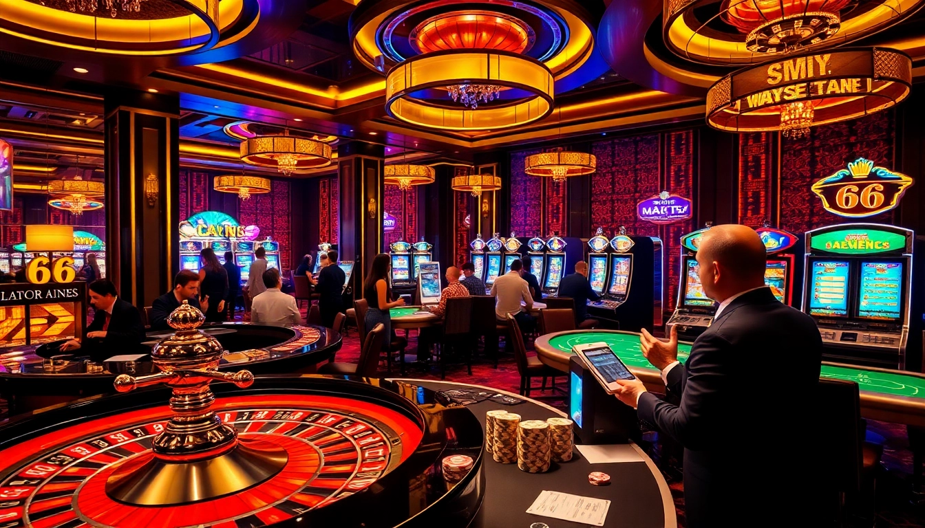 Engaged players enjoying the thrill of MB 66 at a luxurious casino featuring roulette and poker tables.