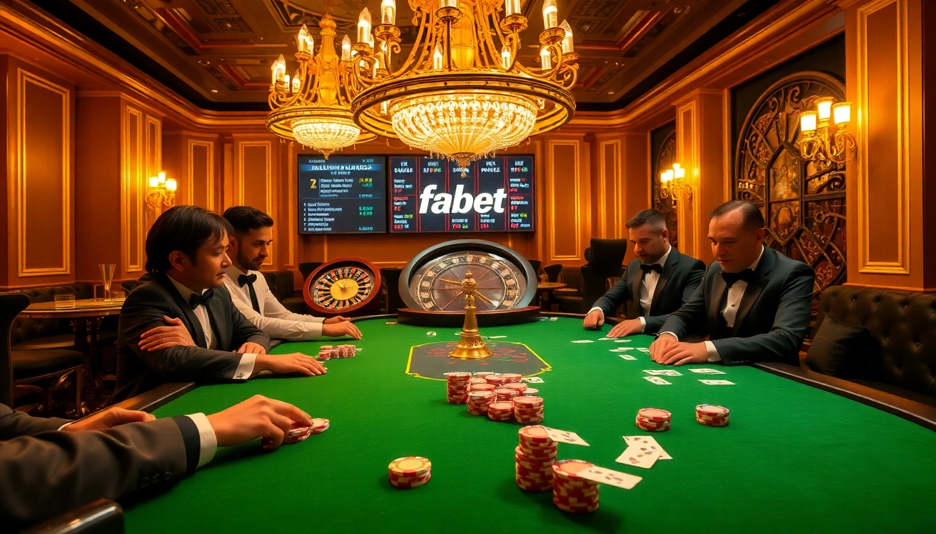 Players engaged in an exciting poker game at a luxurious fabet casino table, surrounded by colorful chips and a roulette wheel.