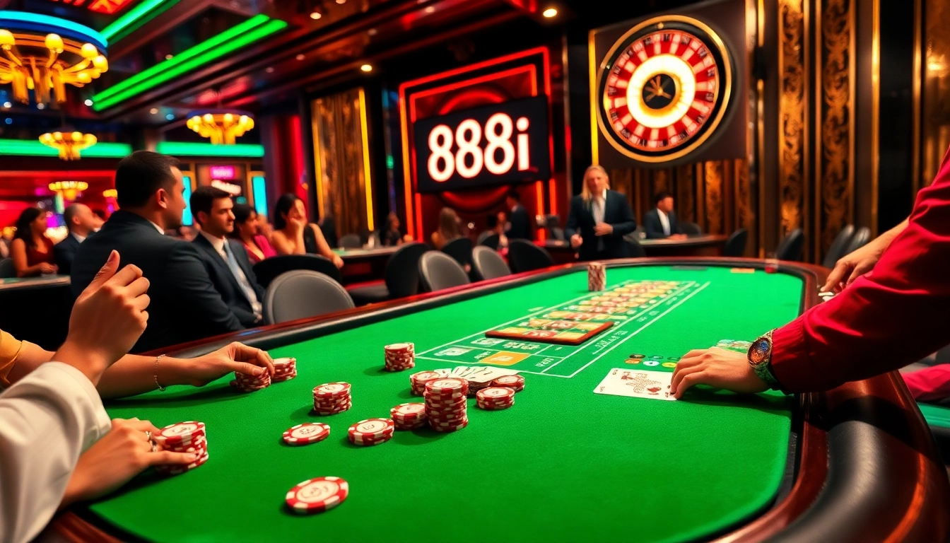 Players celebrating a win at a luxurious casino poker table featuring 88i elements and vibrant chips.