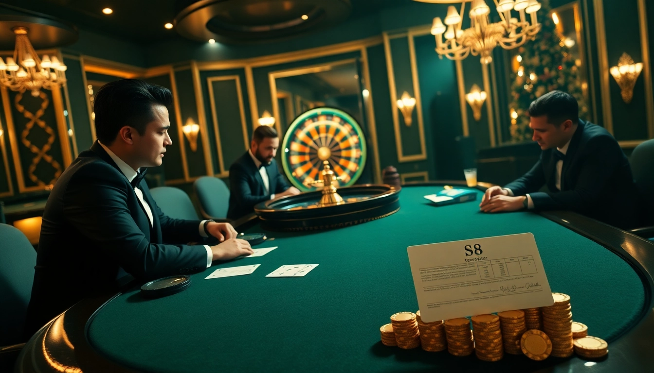 High-stakes poker table scene with S8 personalized player card and luxurious casino ambiance.
