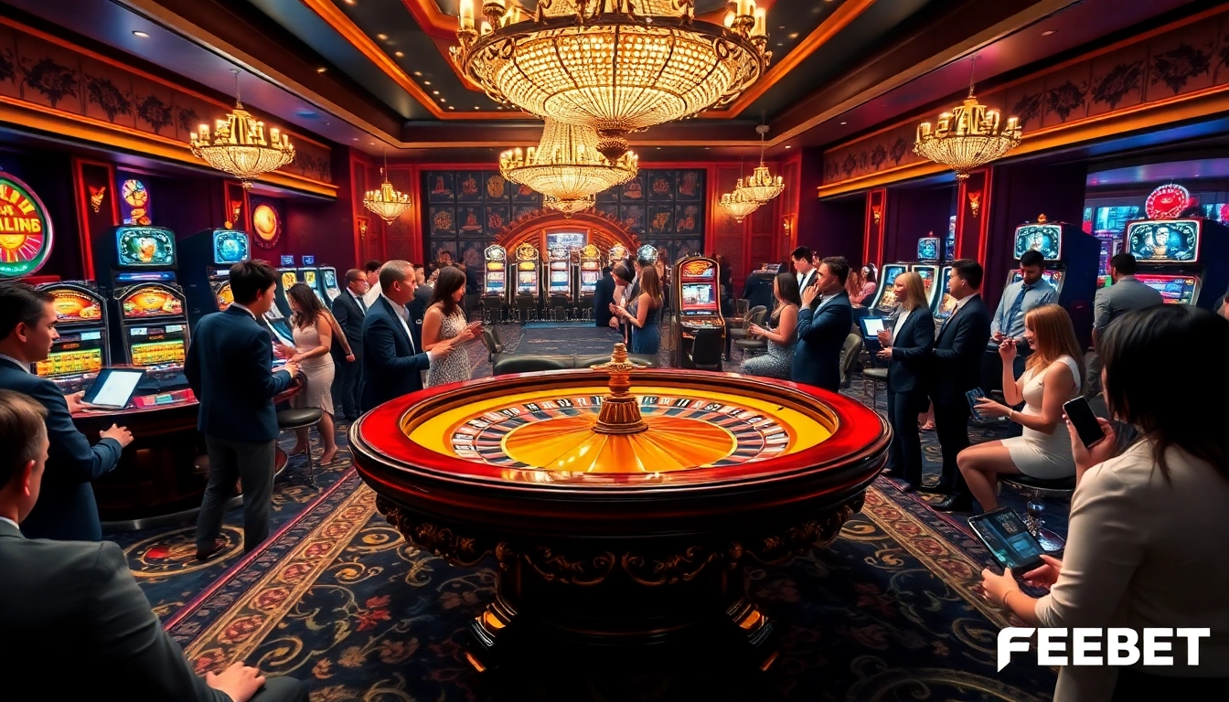 Experience the thrill of betting at FEBET com's lavish casino tables surrounded by excitement.