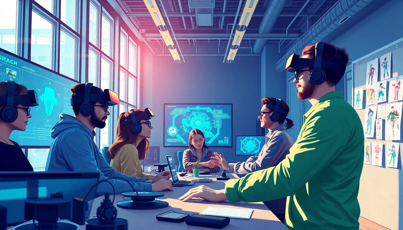 Innovative game AI development scene showcasing a diverse team of developers at work.